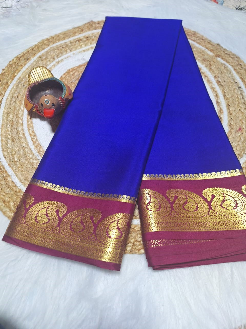 Pure Mysore Crepe Silk - Minimalist Electric Blue & Magenta Kairi Border