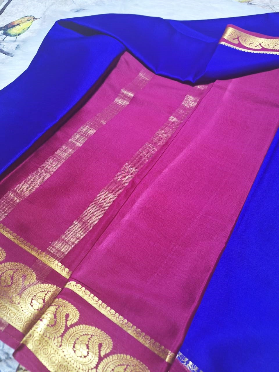 Pure Mysore Crepe Silk - Minimalist Electric Blue & Magenta Kairi Border