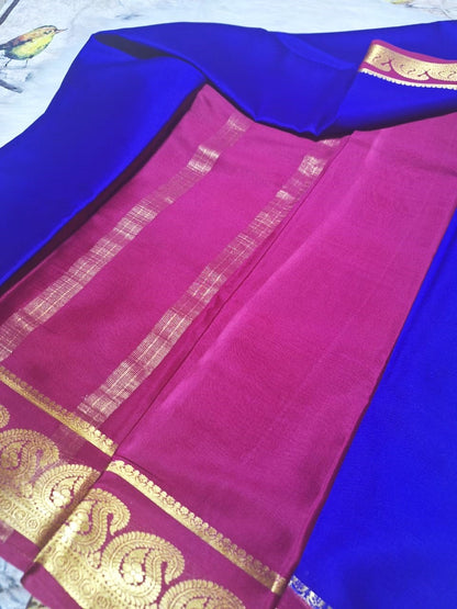 Pure Mysore Crepe Silk - Minimalist Electric Blue & Magenta Kairi Border