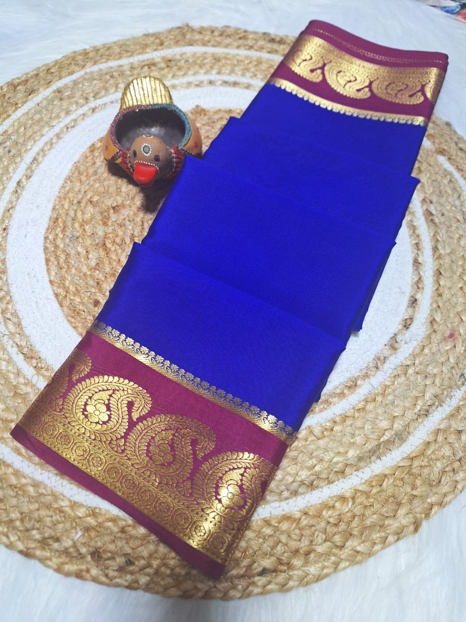 Pure Mysore Crepe Silk - Minimalist Electric Blue & Magenta Kairi Border