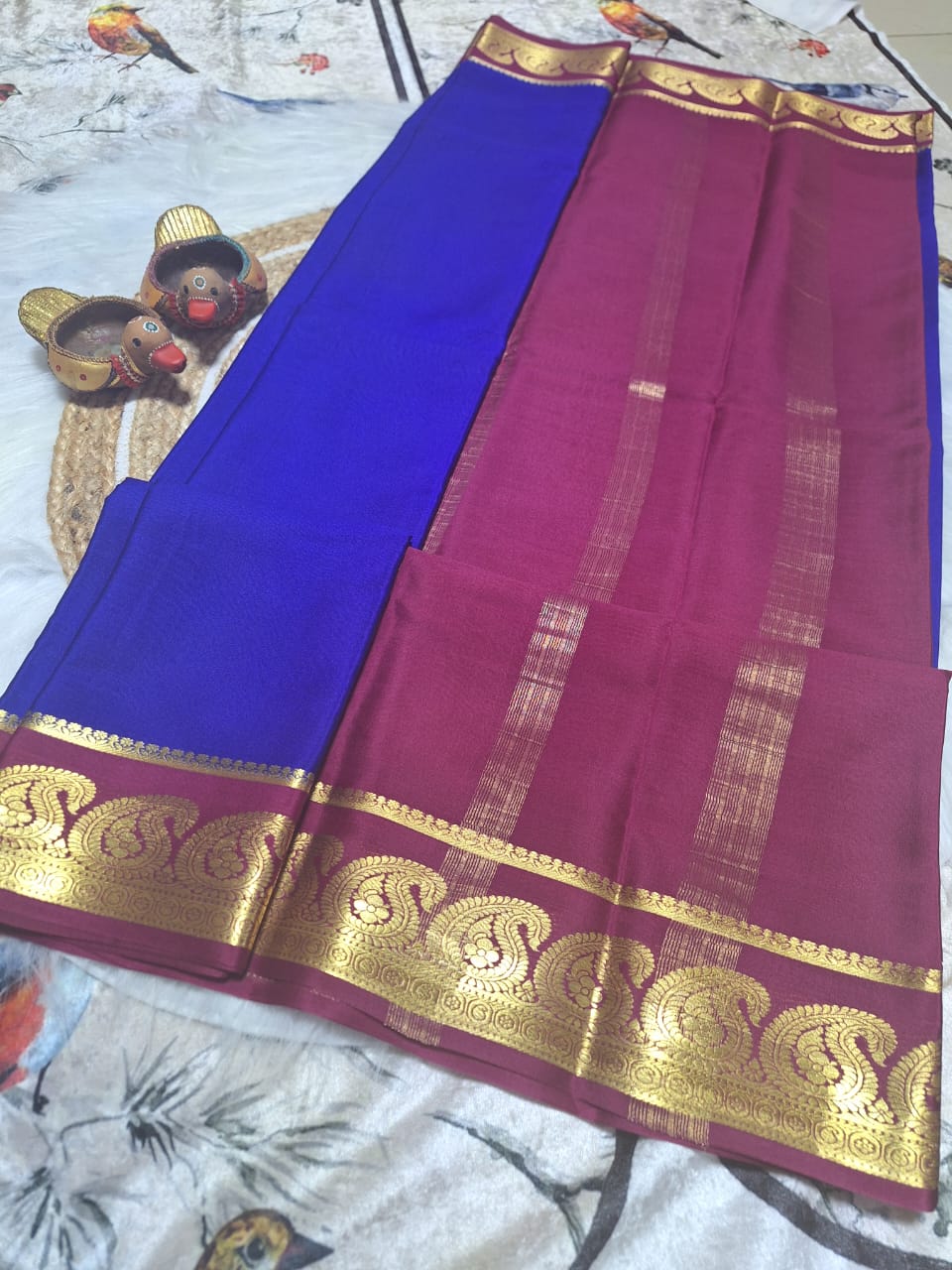 Pure Mysore Crepe Silk - Minimalist Electric Blue & Magenta Kairi Border