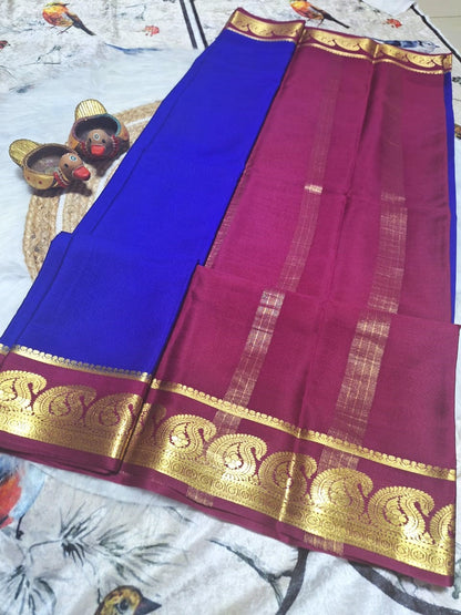 Pure Mysore Crepe Silk - Minimalist Electric Blue & Magenta Kairi Border