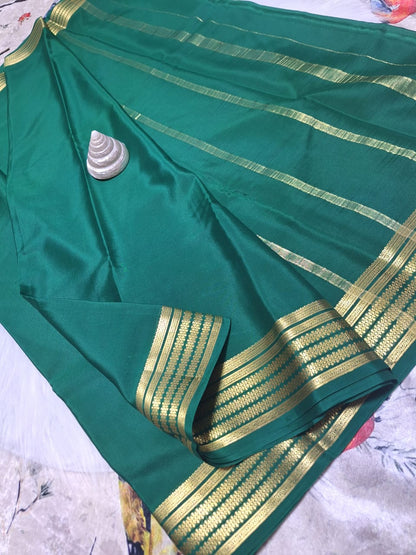 Pure Mysore Crepe Silk - Bottle Green geometric pattern border