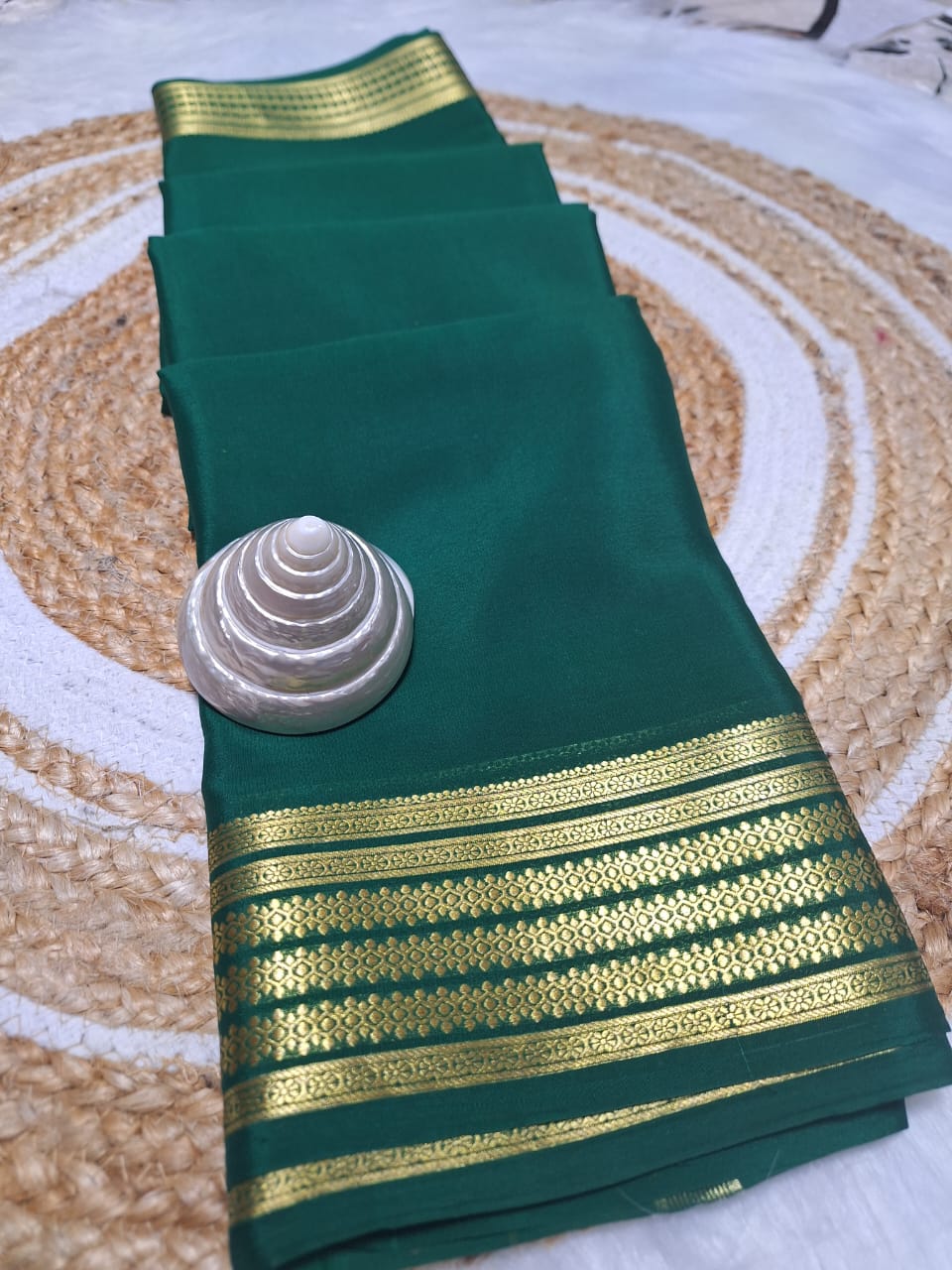 Pure Mysore Crepe Silk - Bottle Green geometric pattern border
