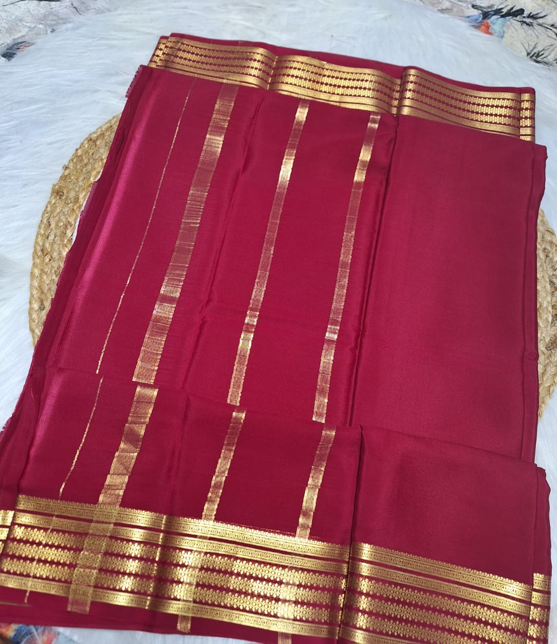 Pure Mysore Crepe Silk - Rani color geometric pattern border