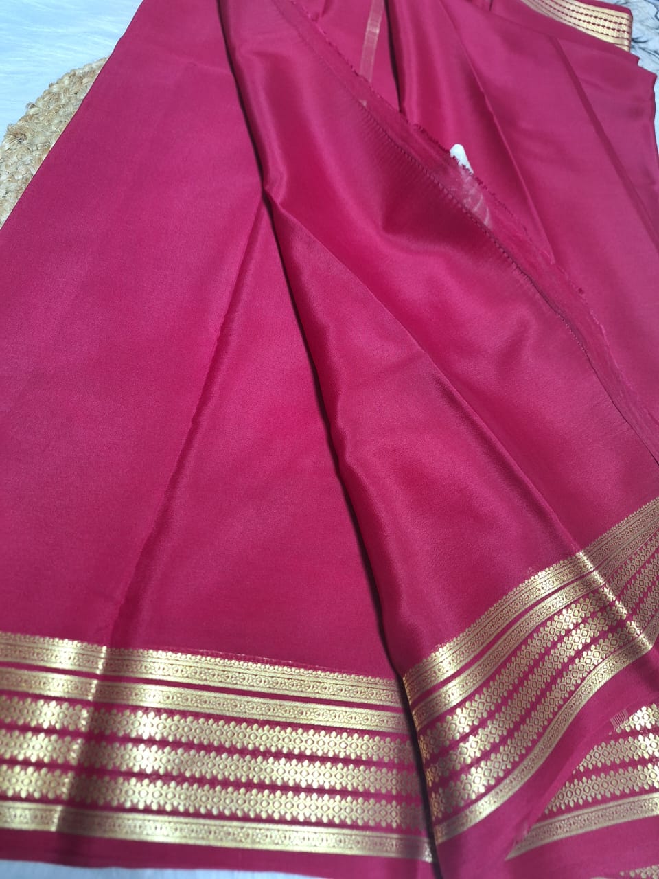 Pure Mysore Crepe Silk - Rani color geometric pattern border