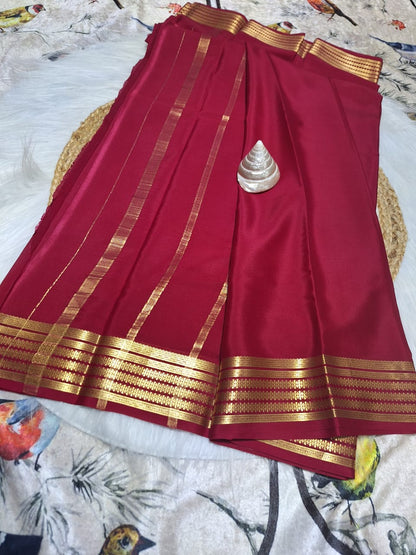 Pure Mysore Crepe Silk - Rani color geometric pattern border