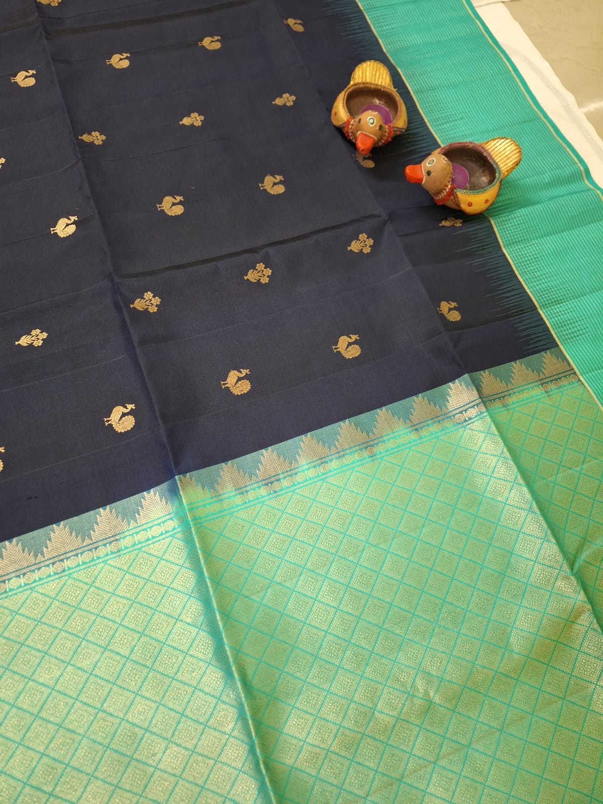 Pure Handloom Soft Silk - Navy & Sea blue Peacock motifs