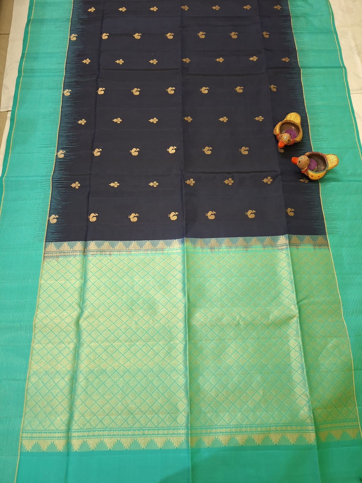 Pure Handloom Soft Silk - Navy & Sea blue Peacock motifs