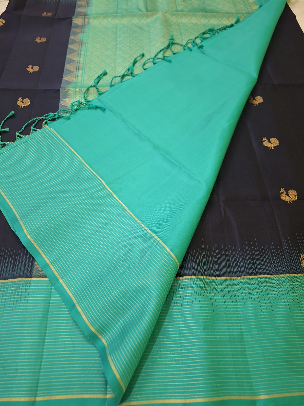 Pure Handloom Soft Silk - Navy & Sea blue Peacock motifs