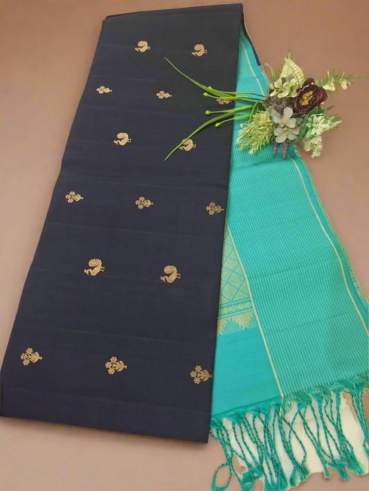 Pure Handloom Soft Silk - Navy & Sea blue Peacock motifs