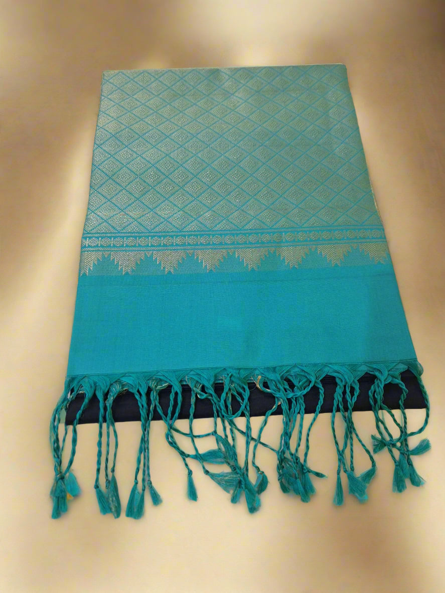 Pure Handloom Soft Silk - Navy & Sea blue Peacock motifs