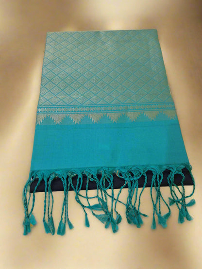 Pure Handloom Soft Silk - Navy & Sea blue Peacock motifs