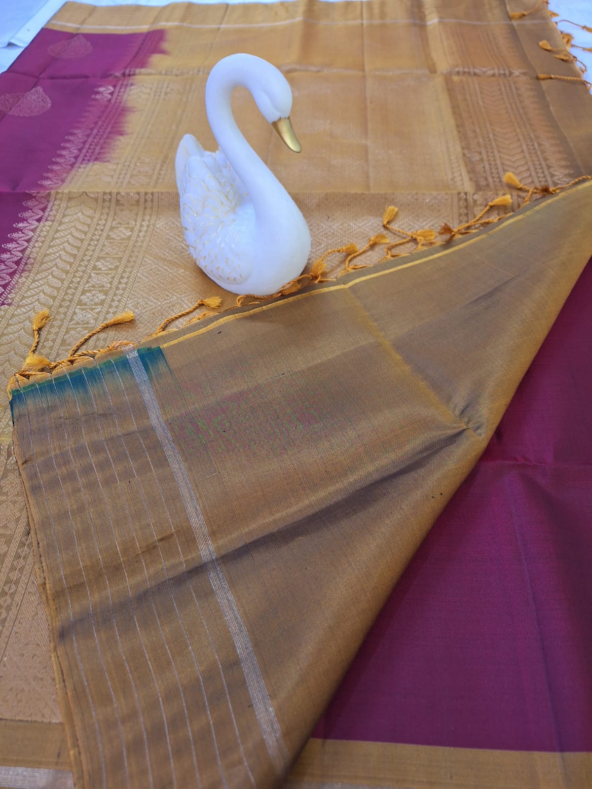 Pure Handloom Soft Silk - Maroon & Mustard with Rangoli & leaf motifs