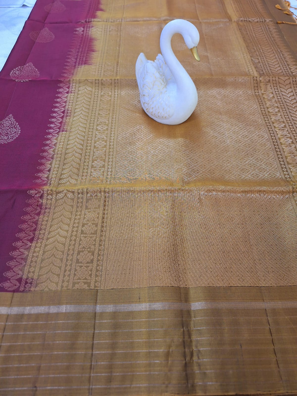 Pure Handloom Soft Silk - Maroon & Mustard with Rangoli & leaf motifs