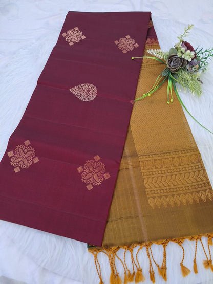 Pure Handloom Soft Silk - Maroon & Mustard with Rangoli & leaf motifs