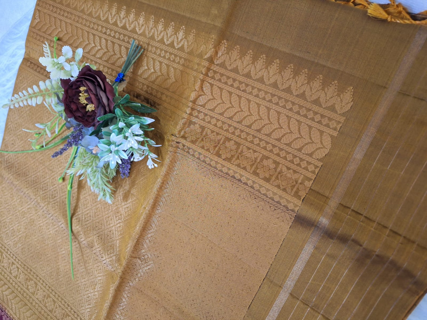 Pure Handloom Soft Silk - Maroon & Mustard with Rangoli & leaf motifs