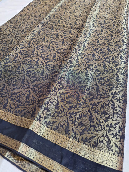 Semi Mysore Crepe Silk - Black with Golden Brocade Weave