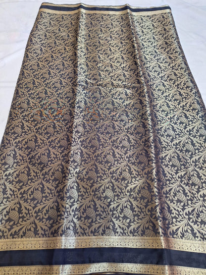Semi Mysore Crepe Silk - Black with Golden Brocade Weave