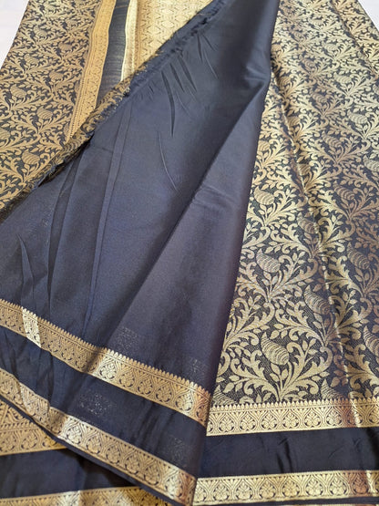 Semi Mysore Crepe Silk - Black with Golden Brocade Weave