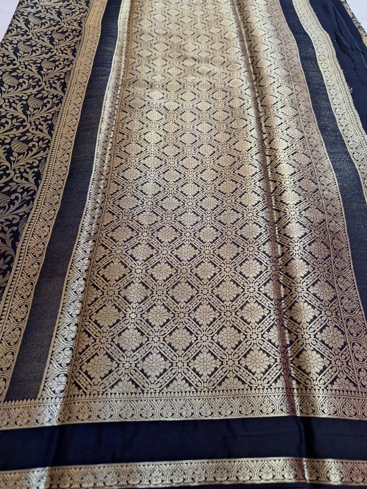 Semi Mysore Crepe Silk - Black with Golden Brocade Weave