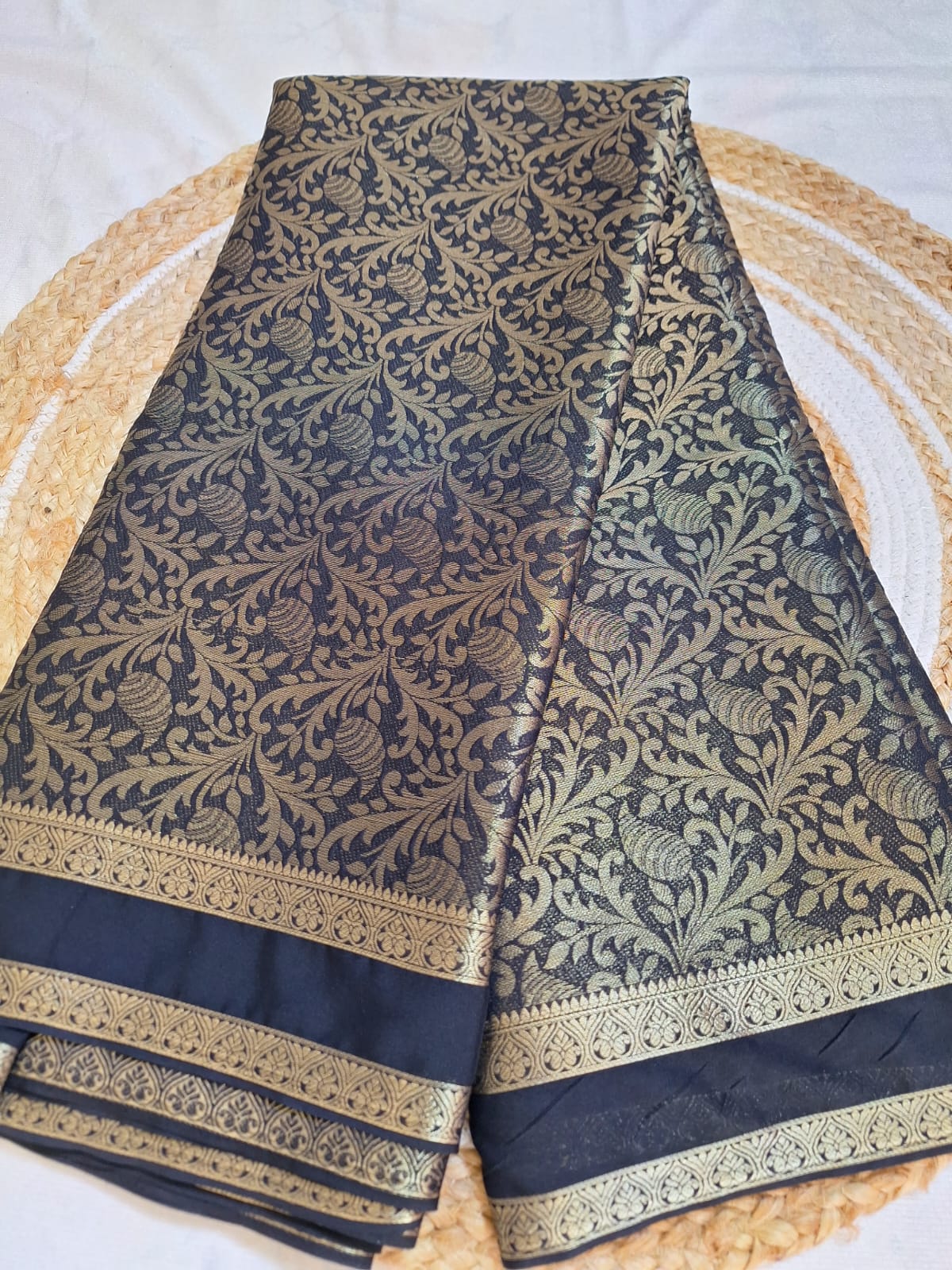 Semi Mysore Crepe Silk - Black with Golden Brocade Weave