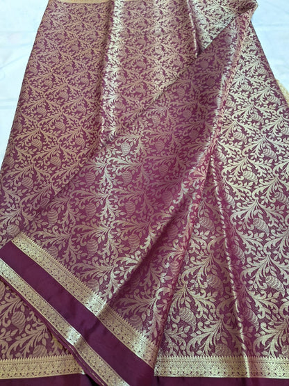 Semi Mysore Crepe Silk - Wine with Golden Brocade Weave