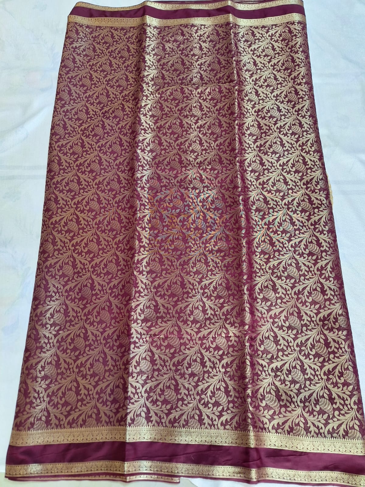 Semi Mysore Crepe Silk - Wine with Golden Brocade Weave