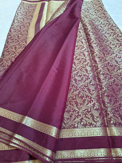Semi Mysore Crepe Silk - Wine with Golden Brocade Weave