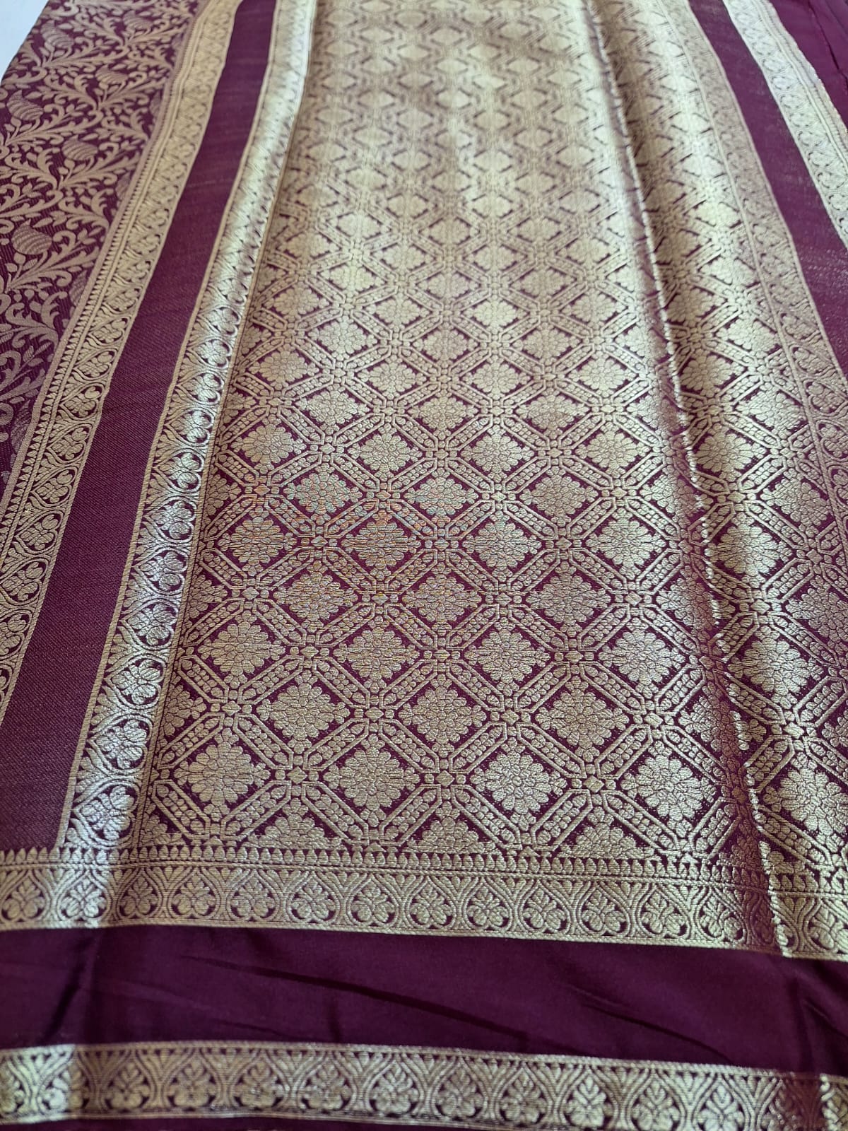 Semi Mysore Crepe Silk - Wine with Golden Brocade Weave