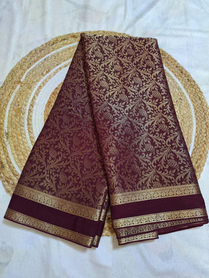 Semi Mysore Crepe Silk - Wine with Golden Brocade Weave