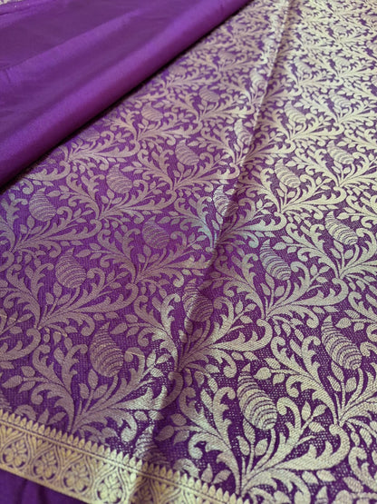 Semi Mysore Crepe Silk - Royal Purple with Golden Brocade Weave