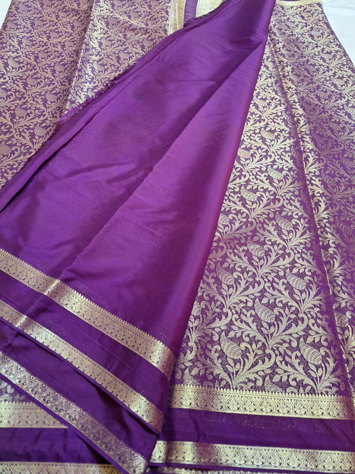 Semi Mysore Crepe Silk - Royal Purple with Golden Brocade Weave