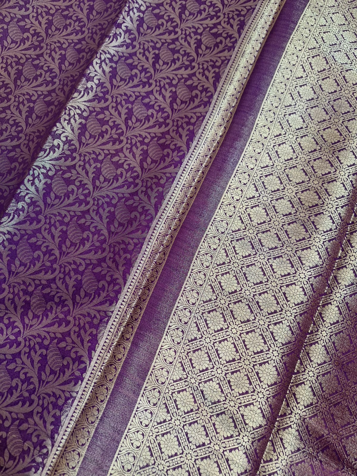 Semi Mysore Crepe Silk - Royal Purple with Golden Brocade Weave