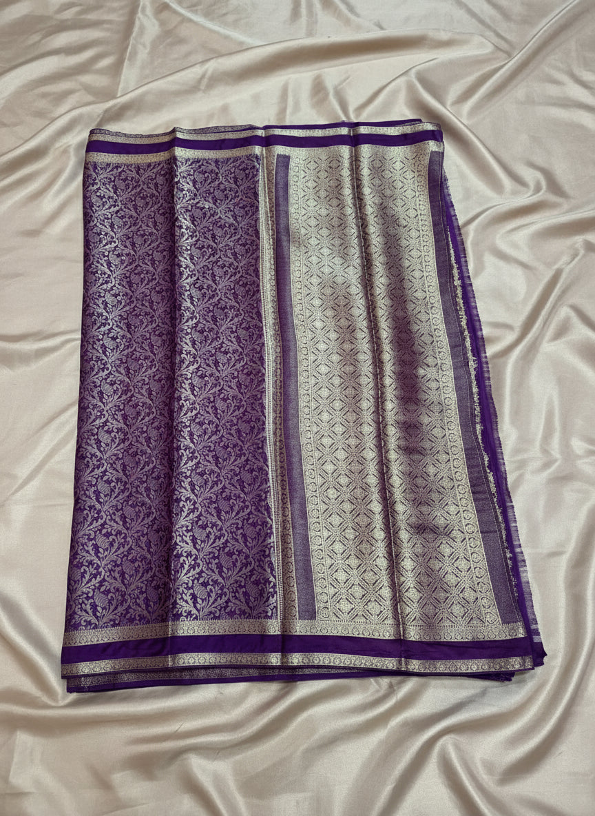 Semi Mysore Crepe Silk - Royal Purple with Golden Brocade Weave