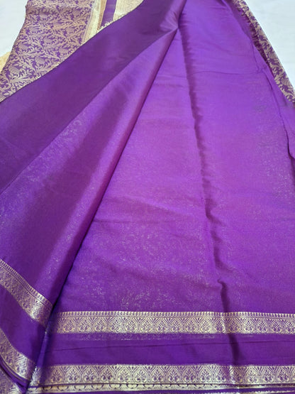Semi Mysore Crepe Silk - Royal Purple with Golden Brocade Weave