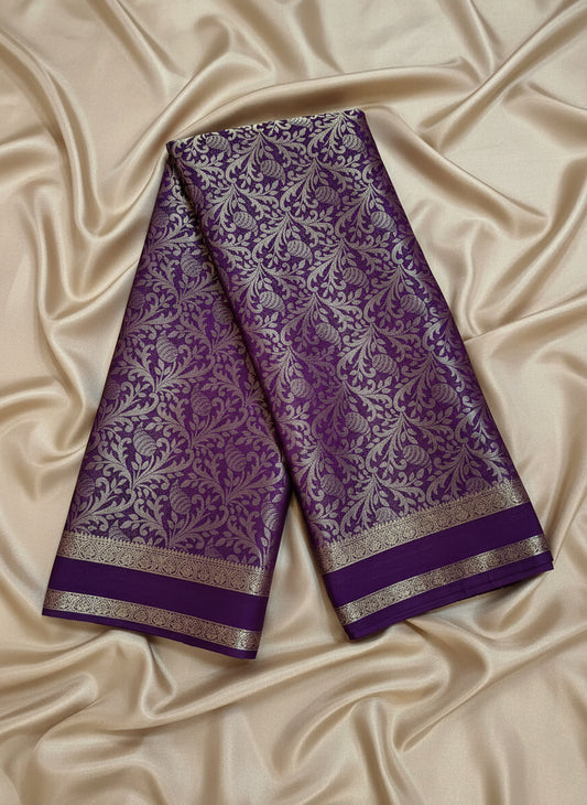 Semi Mysore Crepe Silk - Royal Purple with Golden Brocade Weave