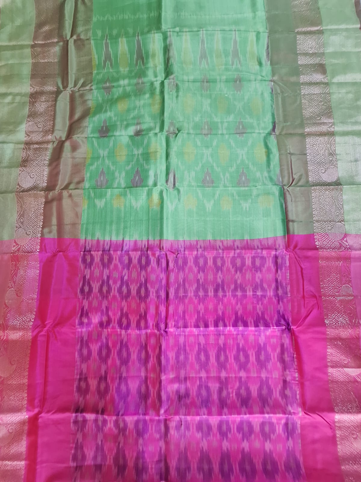 Classic Uppada Soft Silk - Pink & Green Ikat Design & Kanchi border