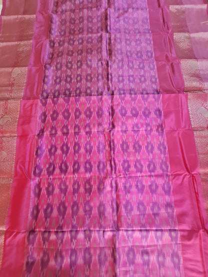 Classic Uppada Soft Silk - Pink & Green Ikat Design & Kanchi border