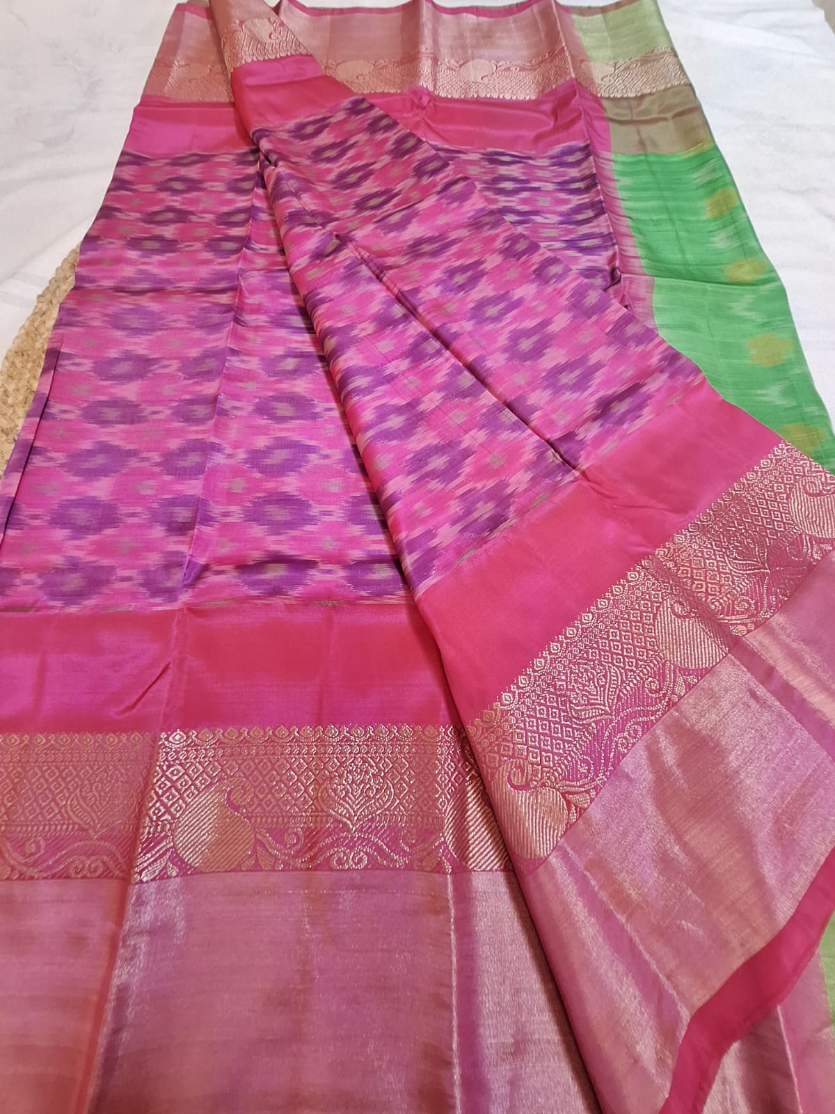 Classic Uppada Soft Silk - Pink & Green Ikat Design & Kanchi border