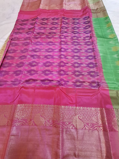 Classic Uppada Soft Silk - Pink & Green Ikat Design & Kanchi border