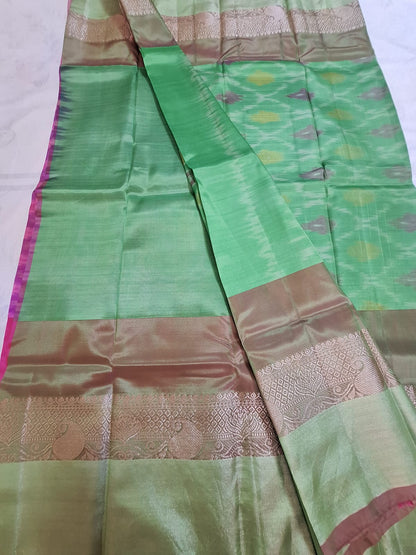 Classic Uppada Soft Silk - Pink & Green Ikat Design & Kanchi border