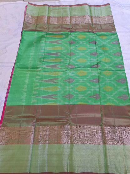Classic Uppada Soft Silk - Pink & Green Ikat Design & Kanchi border