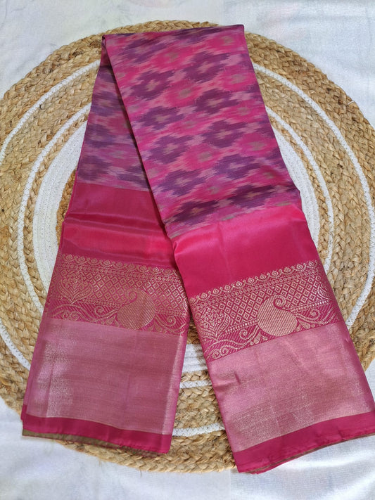 Classic Uppada Soft Silk - Pink & Green Ikat Design & Kanchi border