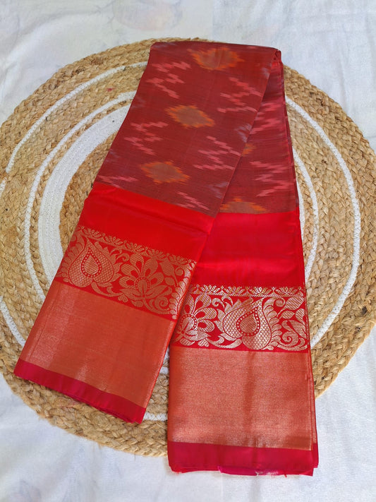 Classic Uppada Soft Silk - Red Ikat Design & Kanchi border