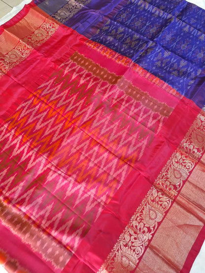 Classic Uppada Soft Silk - Purple and Pink Ikat Design & Kanchi border