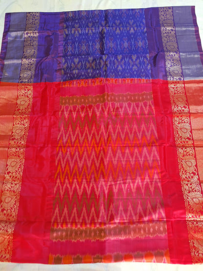 Classic Uppada Soft Silk - Purple and Pink Ikat Design & Kanchi border