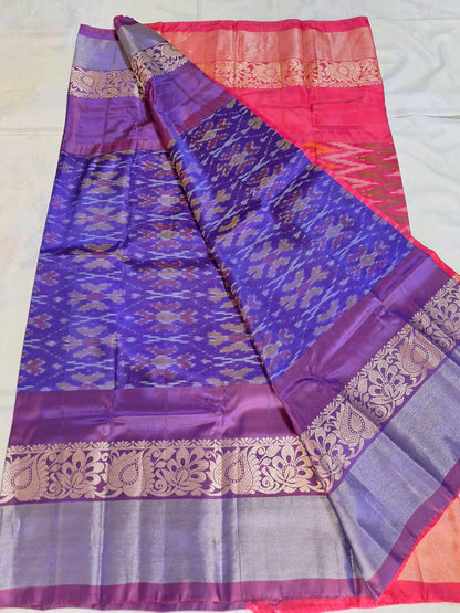 Classic Uppada Soft Silk - Purple and Pink Ikat Design & Kanchi border
