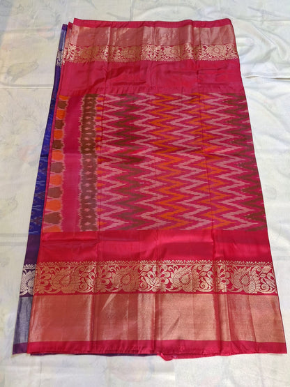Classic Uppada Soft Silk - Purple and Pink Ikat Design & Kanchi border