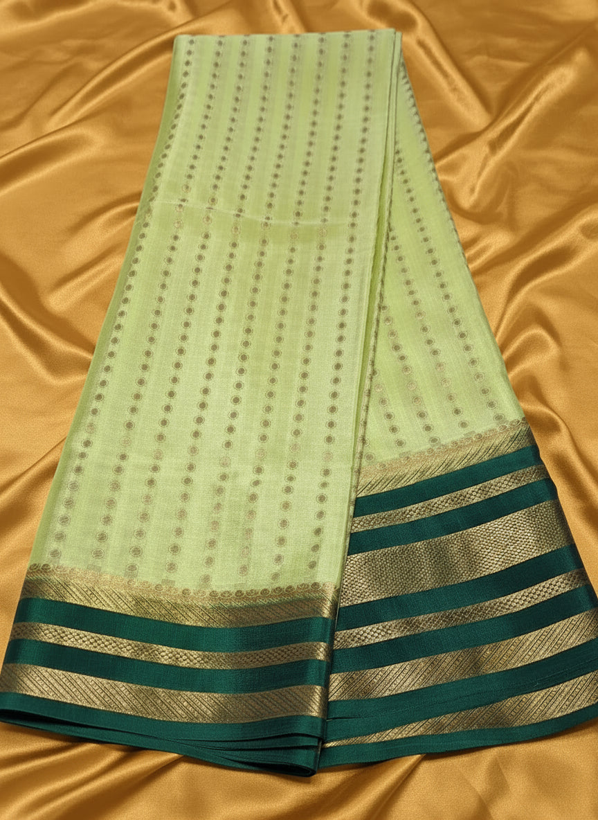 Pure Mysore Crepe SIlk - Light & Dark green 1000 zari boota pattern